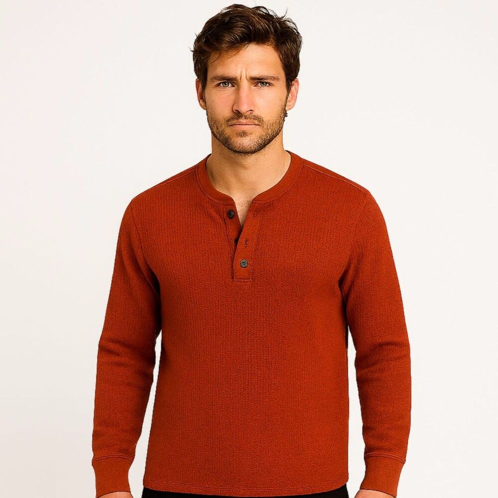 Vtg GH Bass Waffle Knit Henley Shirt Mens Sz XL Rust Rugged Thermal Outdoors